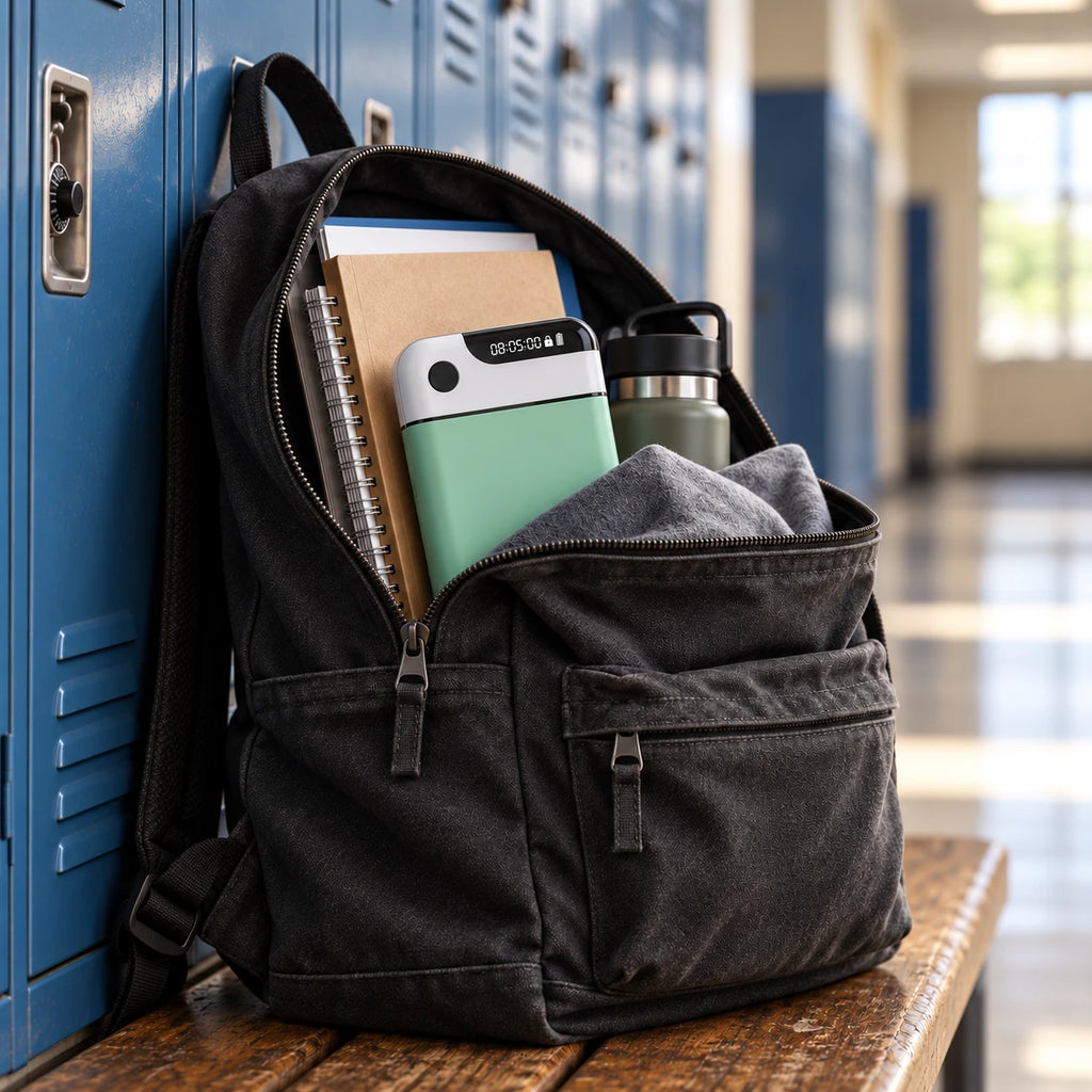 LockBunny lockbox packed in a school backpack next to notebooks